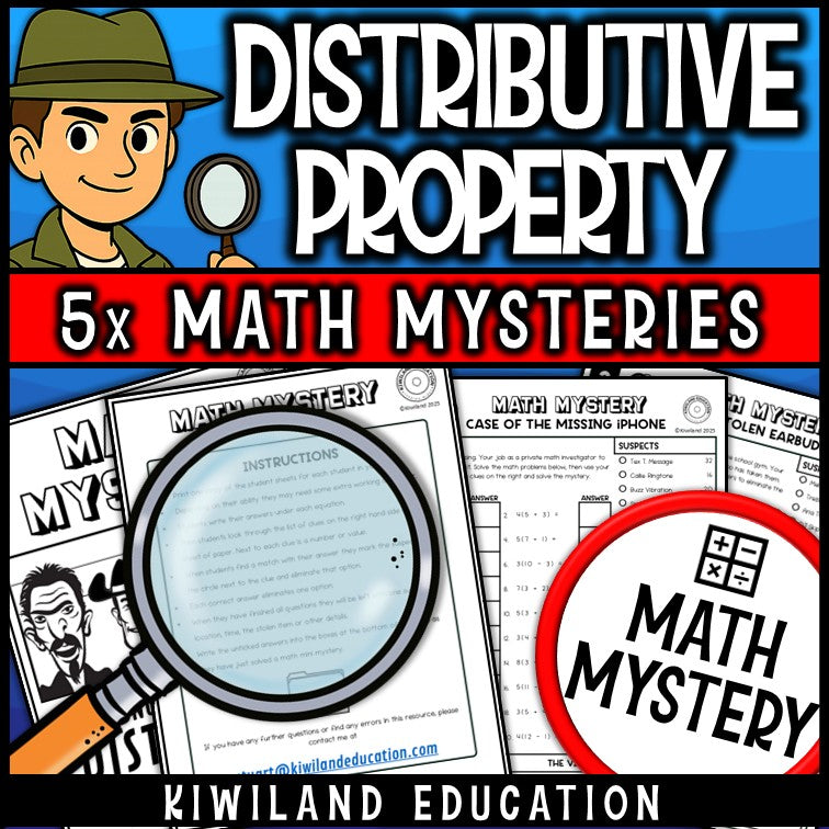 Distributive property math mystery worksheet sample pages