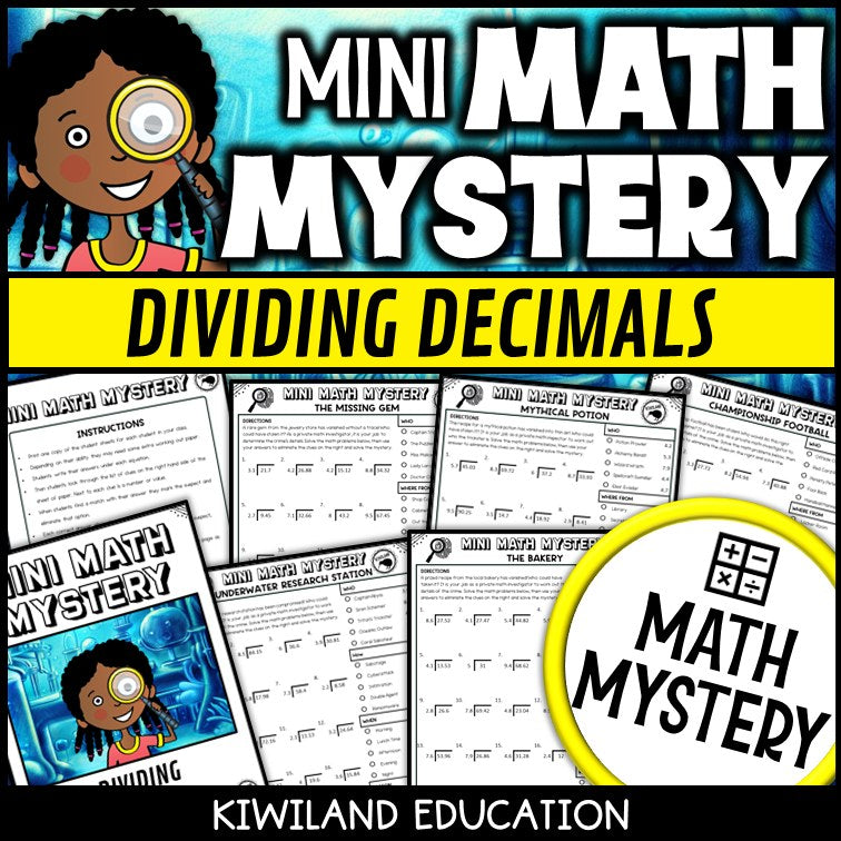Dividing Decimals Math Mystery worksheets cover - 5 printable detective cases