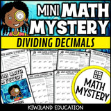 Dividing Decimals Math Mystery worksheets cover - 5 printable detective cases