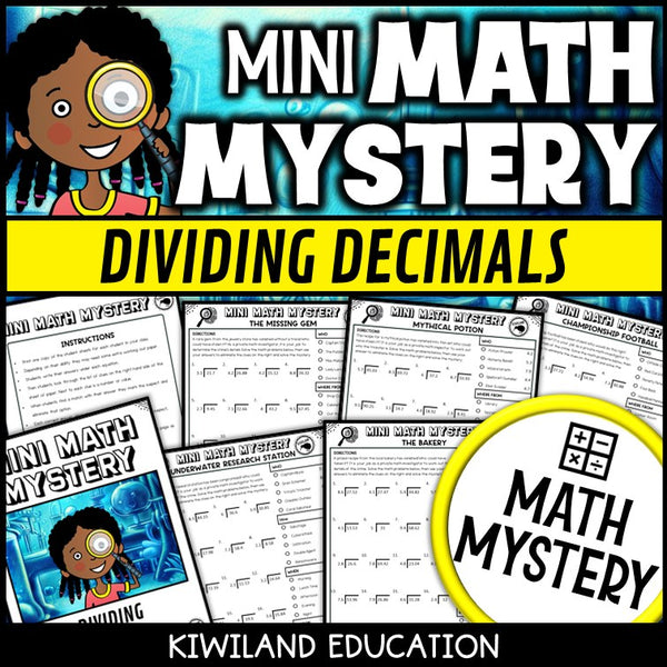 Dividing Decimals Math Mystery worksheets cover - 5 printable detective cases