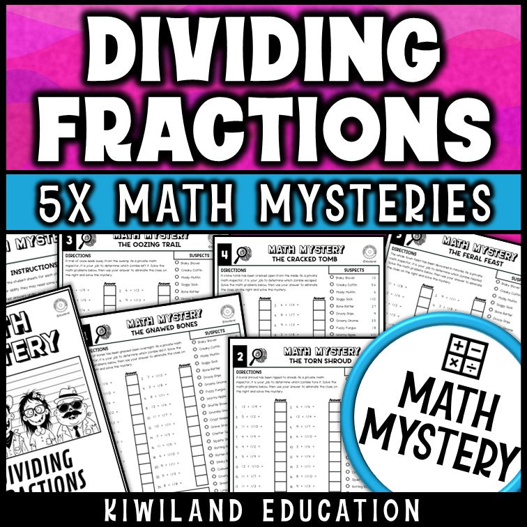 Dividing fractions zombie math mystery worksheets cover for grades 5-6