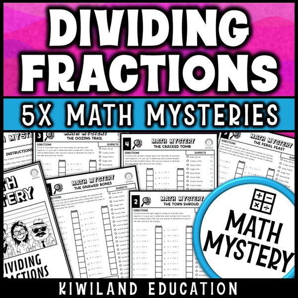 Dividing fractions zombie math mystery worksheets cover for grades 5-6