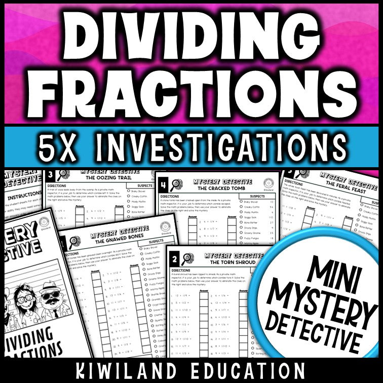 Dividing fractions zombie mystery detective worksheets