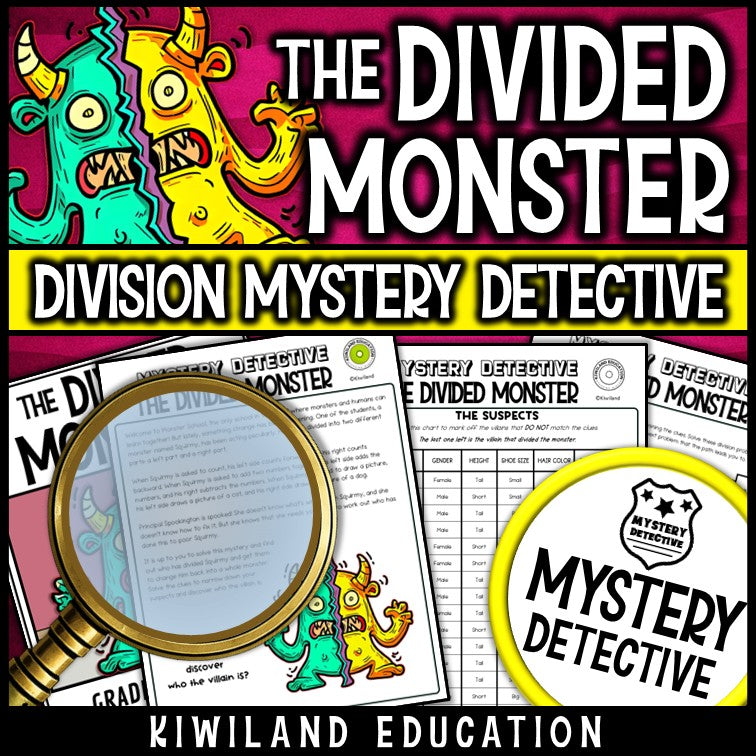 Division math practice grade 4-5 printable mystery detective activity