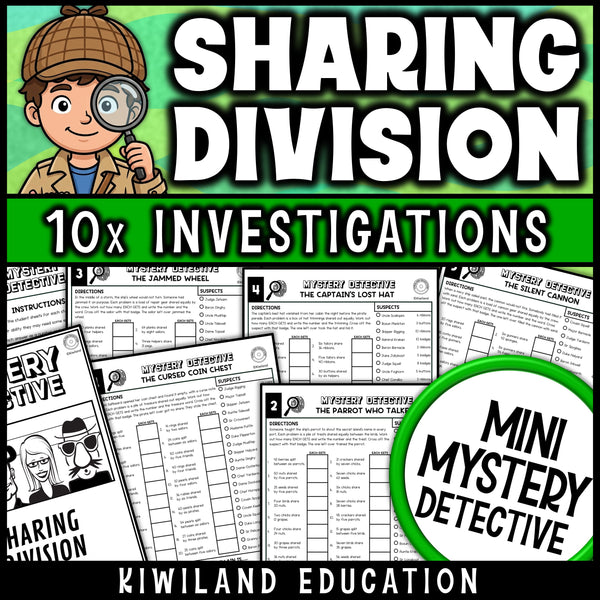 Division worksheets for 3rd grade with equal sharing and equal groups word problems, ten no prep pirate math detective cases