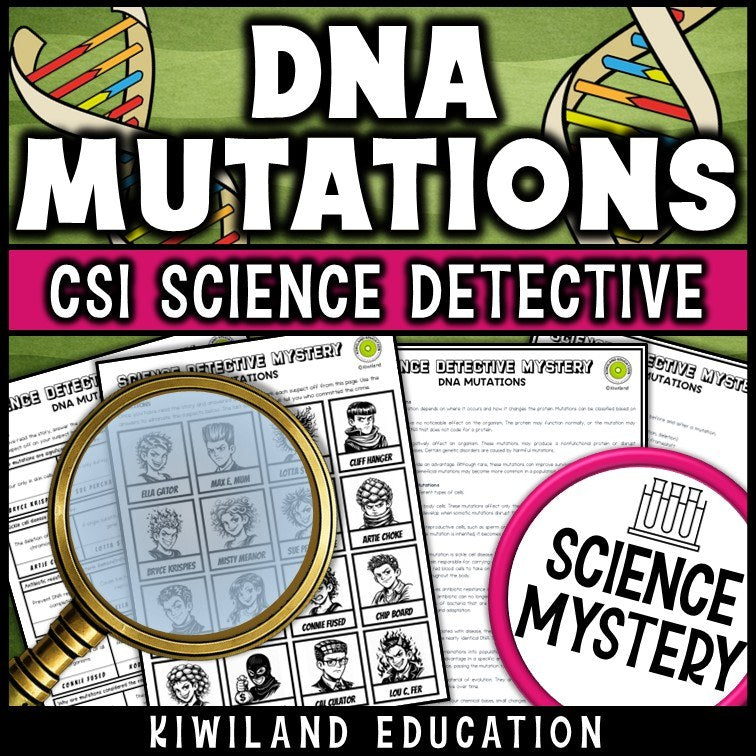 DNA mutations reading mystery comprehension questions worksheet with suspect line-up