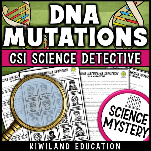 DNA mutations reading mystery comprehension questions worksheet with suspect line-up