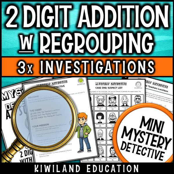Double-digit addition regrouping detective cases, self-checking math worksheets