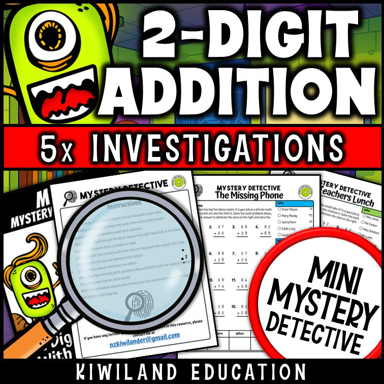Double digit carrying practice mystery detective cases