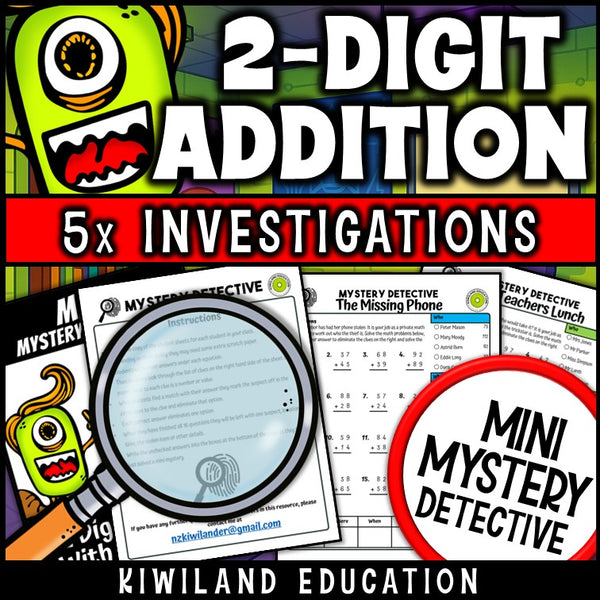 Double digit carrying practice mystery detective cases