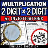 Double digit multiplication with regrouping detective practice