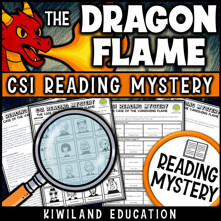 Dragons fiction reading mystery comprehension questions worksheet with suspect line-up