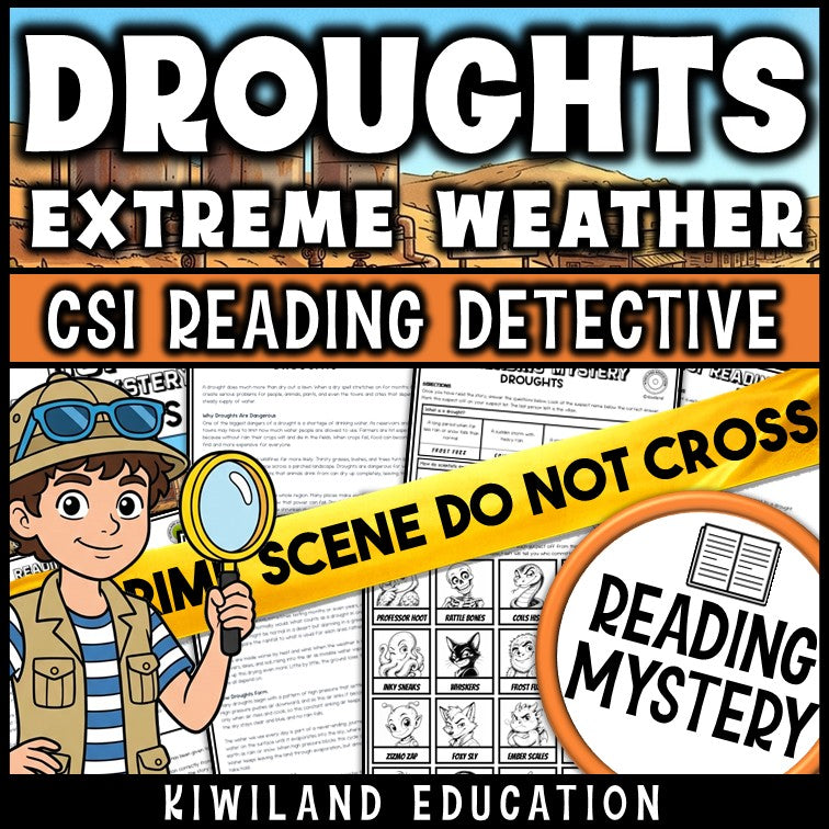 Droughts extreme weather CSI reading mystery comprehension activity cover for grades 3-6
