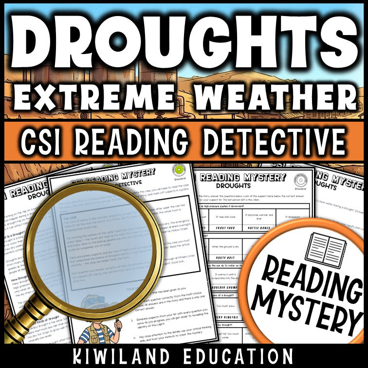 Droughts reading comprehension passage and case file preview pages for the CSI reading mystery