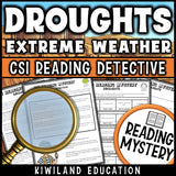 Droughts reading comprehension passage and case file preview pages for the CSI reading mystery