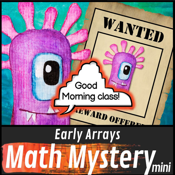 Early Multiplication Arrays Math Mystery worksheets cover - monster theme printable