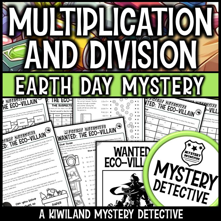 Earth day multiplication and division worksheets mystery detective april