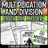 Earth day multiplication and division worksheets mystery detective april