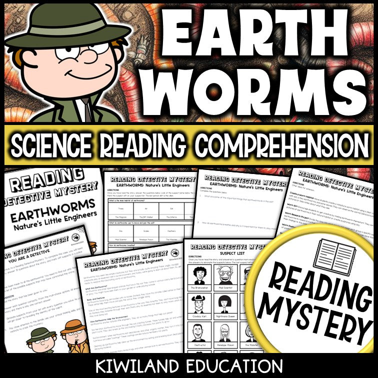 Earthworms science reading mystery comprehension activity cover for grades 3-6