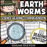 Earthworms reading mystery comprehension questions worksheet with suspect line-up