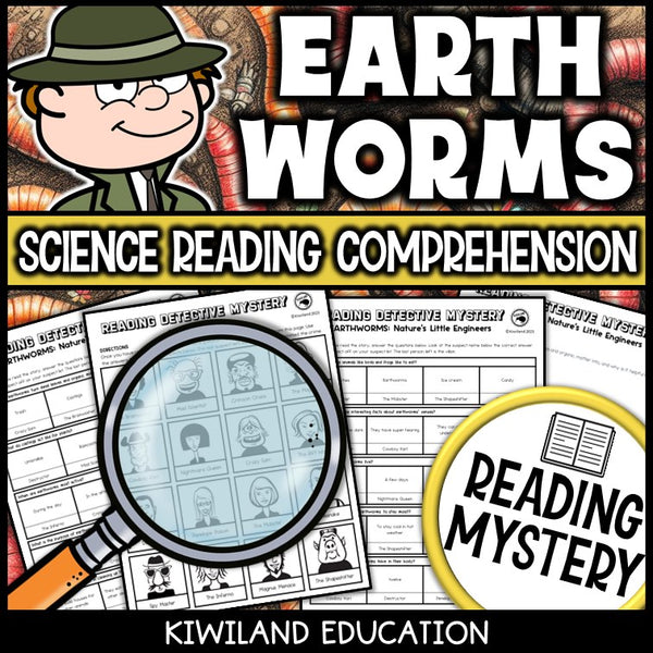 Earthworms reading mystery comprehension questions worksheet with suspect line-up