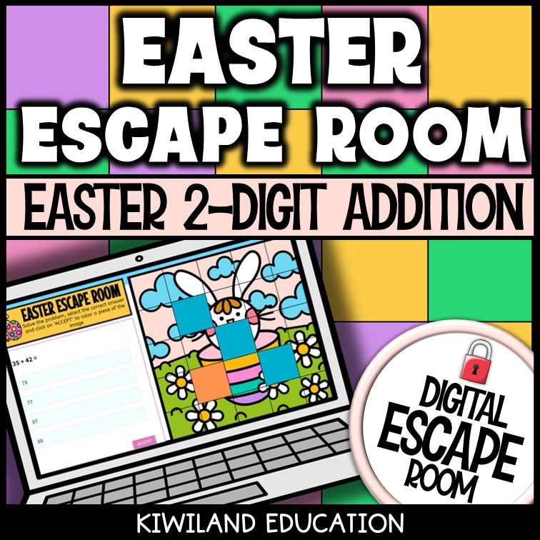 Easter 2-digit addition within 100 digital escape room cover — math activity for grades 1–3