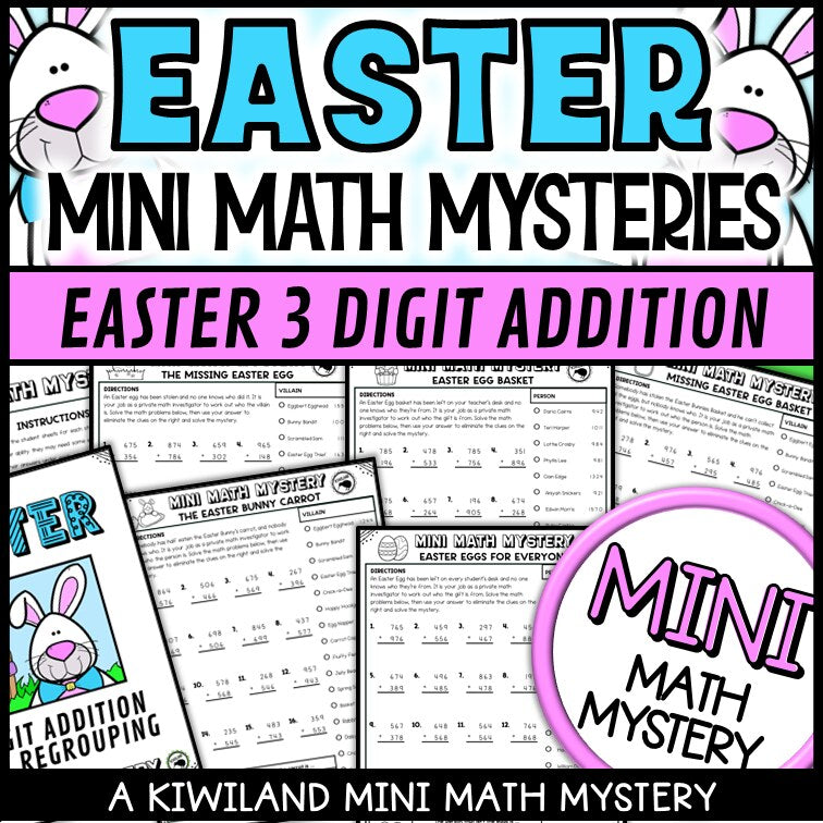 Easter 3-digit addition with regrouping math mystery worksheets cover