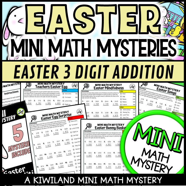 Easter 3-digit addition with regrouping Math Mystery activity for 2nd, 3rd and 4th grade - no-prep printable worksheets