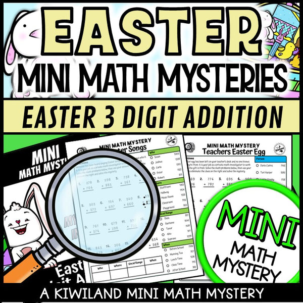 Easter Math Mystery 3-digit addition with regrouping sample worksheets grades 2-4 - self-checking math centers activity