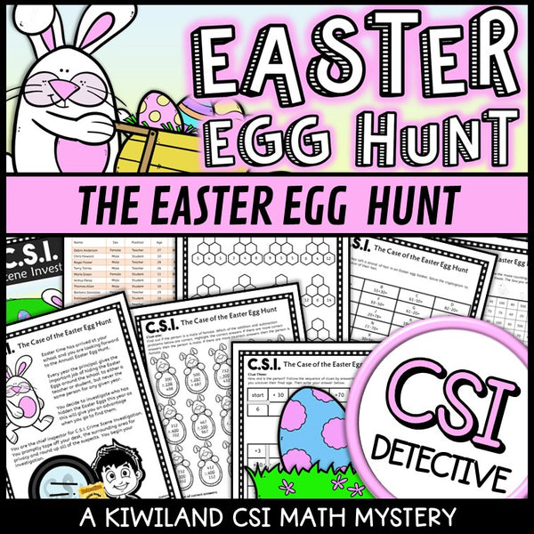 Easter addition and subtraction CSI Math Mystery cover - The Easter Egg Hunt, Grades 2-5