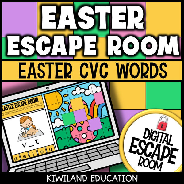Easter CVC words digital escape room cover — phonics activity for grades K–1