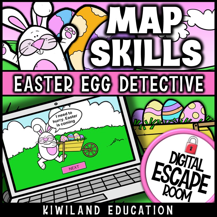 Easter map skills digital escape room cover — coordinates on a grid for grades 1–3