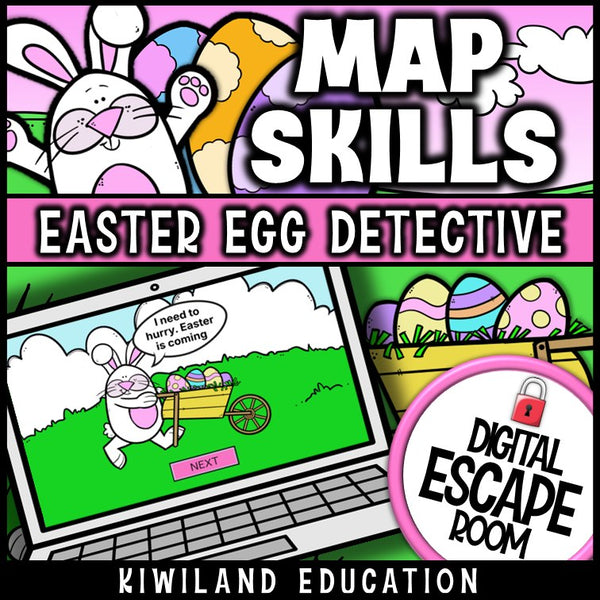 Easter map skills digital escape room cover — coordinates on a grid for grades 1–3