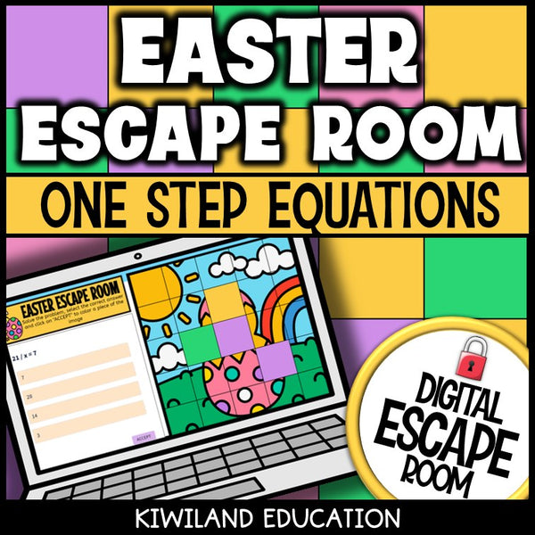 Easter one-step equations digital escape room cover — math activity for grades 5–8