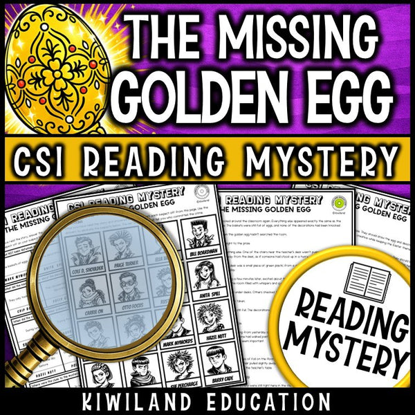 Easter reading mystery comprehension questions worksheet with suspect line-up