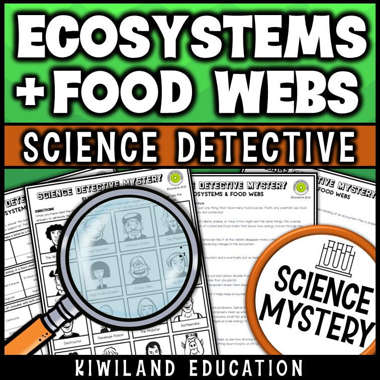 Ecosystems and food webs reading mystery comprehension questions worksheet with suspect line-up