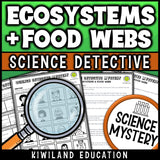 Ecosystems and food webs reading mystery comprehension questions worksheet with suspect line-up