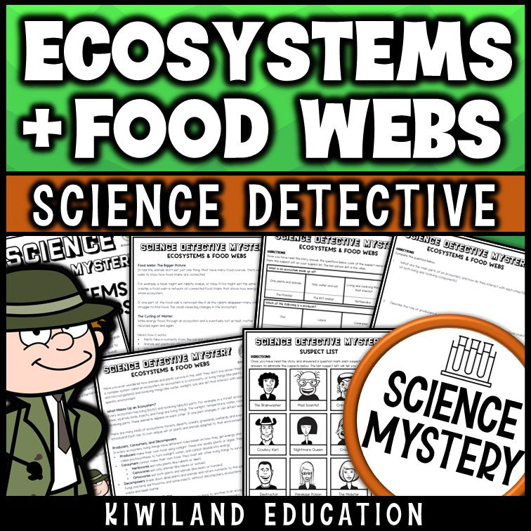 Ecosystems and food webs reading mystery comprehension activity cover for grades 3-6