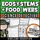 Ecosystems and food webs reading mystery comprehension activity cover for grades 3-6