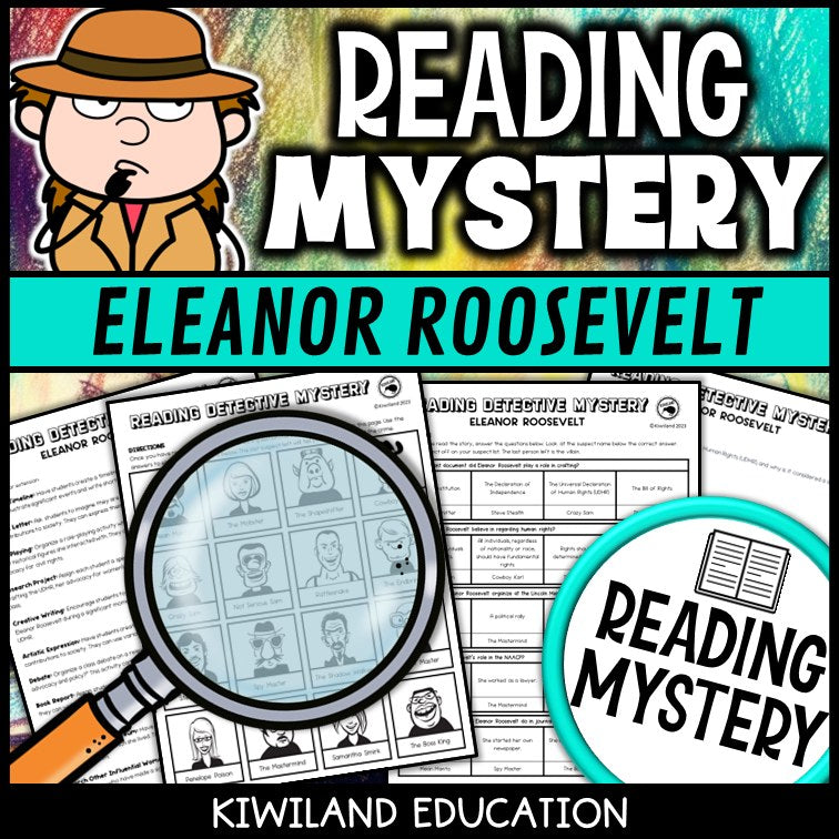 Eleanor Roosevelt reading mystery comprehension questions worksheet with suspect line-up
