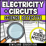 Students solving an electricity and circuits science mystery passage with comprehension questions