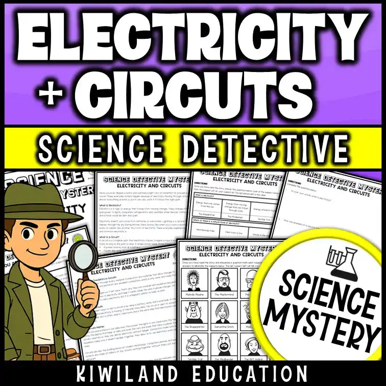 Electricity and Circuits CSI Science Mystery printable worksheet set for middle school