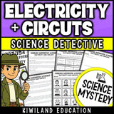 Electricity and Circuits CSI Science Mystery printable worksheet set for middle school