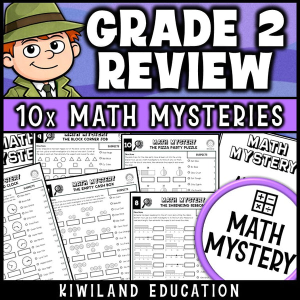 End of year math review for 2nd grade, no prep printable detective worksheets