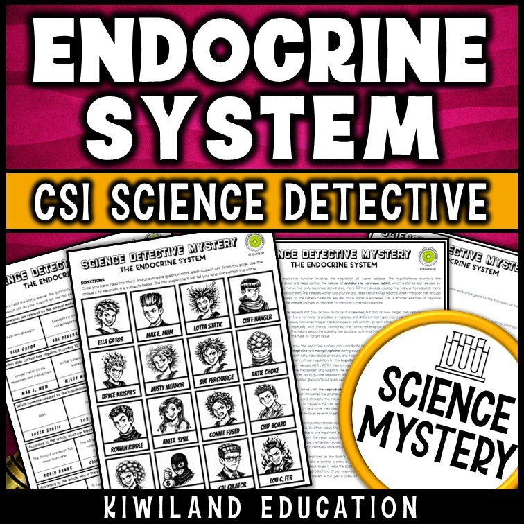 Endocrine system reading mystery comprehension questions worksheet with suspect line-up