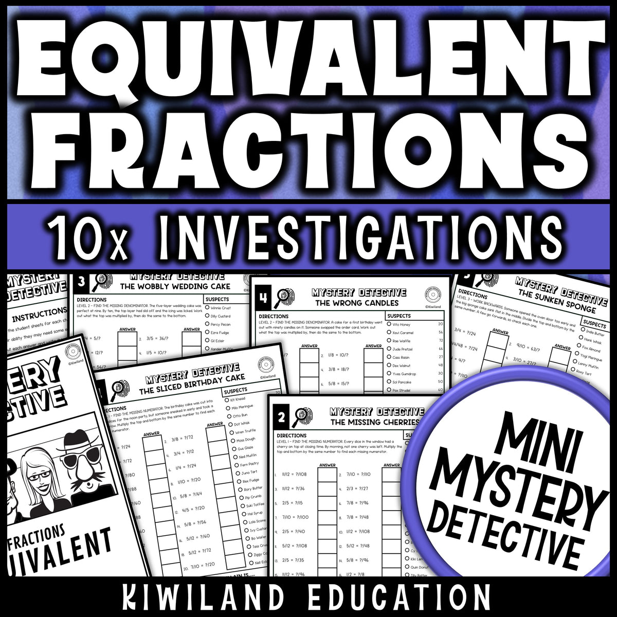 Equivalent fractions worksheet for 4th grade math, ten no prep printable detective cases where students find the missing numerator or denominator and cross suspects off the list