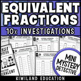 Equivalent fractions worksheet for 4th grade math, ten no prep printable detective cases where students find the missing numerator or denominator and cross suspects off the list