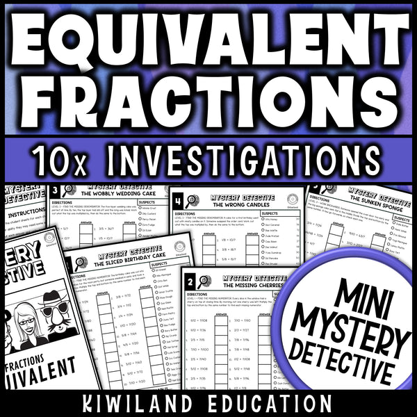 Equivalent fractions worksheet for 4th grade math, ten no prep printable detective cases where students find the missing numerator or denominator and cross suspects off the list