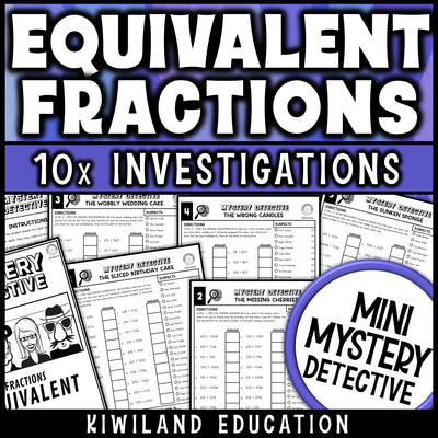 Equivalent fractions worksheet for 4th grade math, ten no prep printable detective cases where students find the missing numerator or denominator and cross suspects off the list