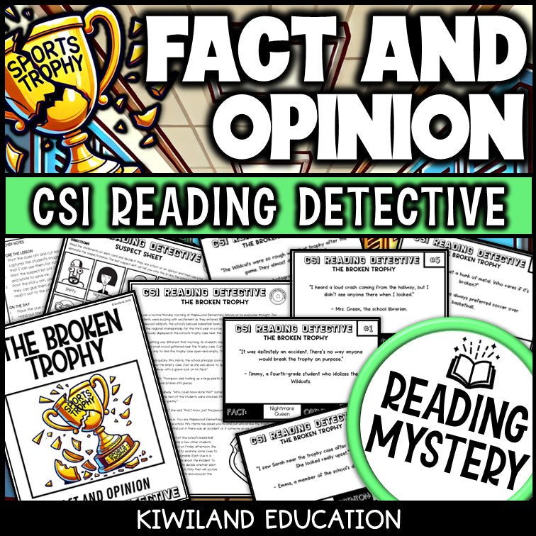 Fact and Opinion ELA Mystery – The Case of the Broken Trophy task cards for Grades 3–6